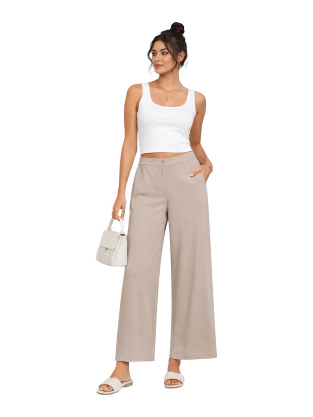 Eileen Fisher Taupe Wide Leg Pants Lyocell Stretch Size Large Work Office